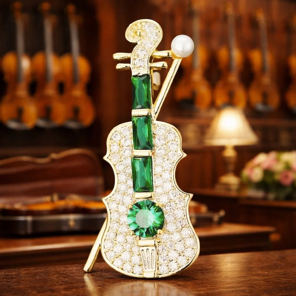 Brooch Green‎ & Gold Rhinestone Violin Pin